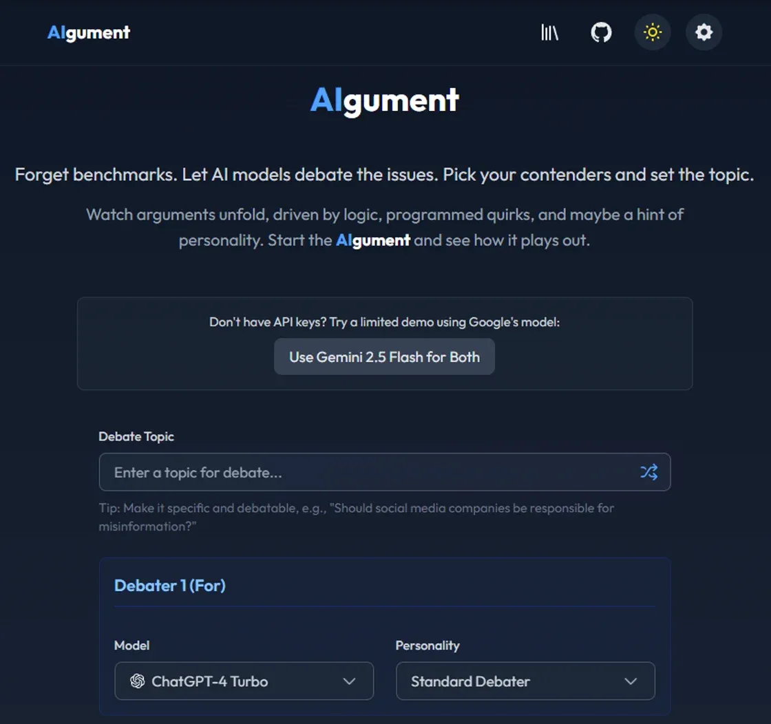 AIgument application interface showing two AIs debating