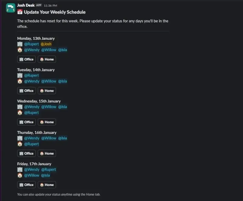 JoshDesk Slack app interface
