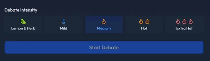 Screenshot of the AIgument Spiciness Selector UI with icons like lemon, flame etc.