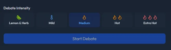 Screenshot of the AIgument Spiciness Selector UI with icons like lemon, flame etc.